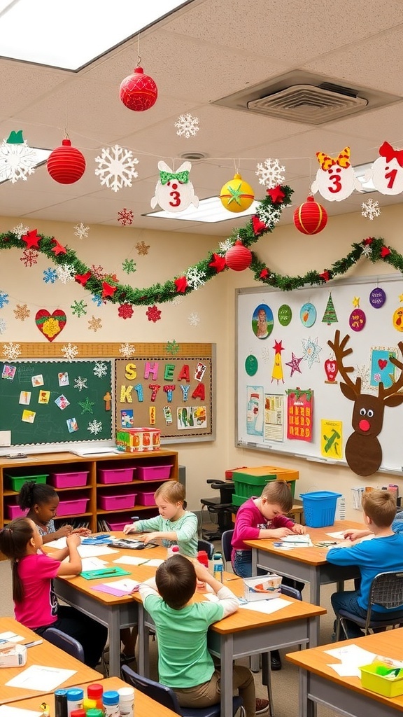 A classroom filled with DIY Christmas decorations, including paper snowflakes, garlands, and reindeer crafts.